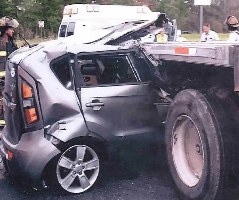 The rear underride guard on a semi-trailer, the bar designed to stop a car sliding beneath it